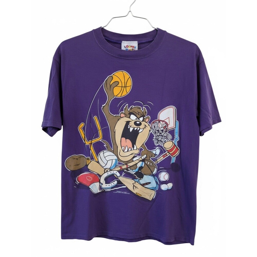 Vtg 90s  Cartoon Looney Tunes Taz Sports T-Shirt Purple Double Sided Men's Large